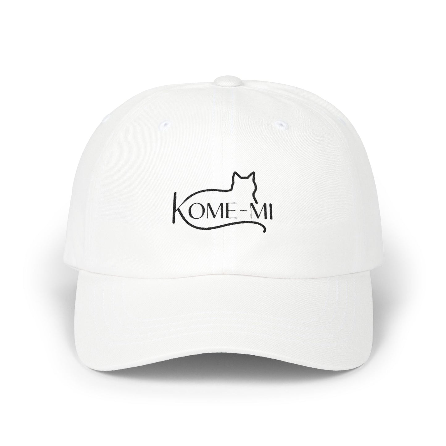 Cat Silhouette Dad Cap — "Kome-Mi" Embroidered White Baseball Hat