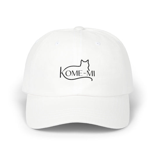 Cat Silhouette Dad Cap — "Kome-Mi" Embroidered White Baseball Hat